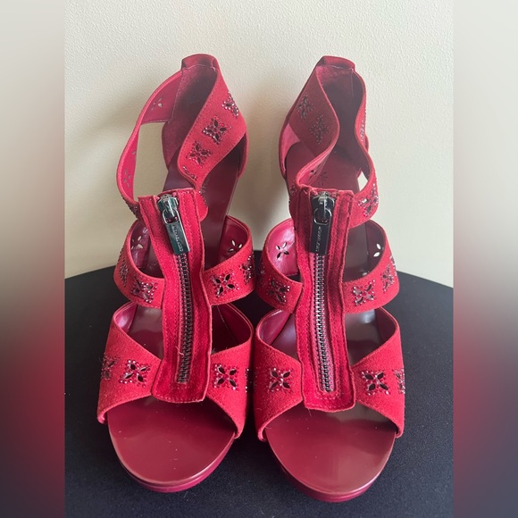 Michael Kors “Berkeley” Red Suede Front Zip Cone Heel Sandal - Picture 3 of 6